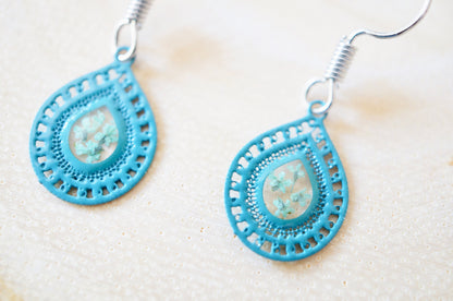 Real Pressed Flowers and Resin, Teal Metal Drop Earrings