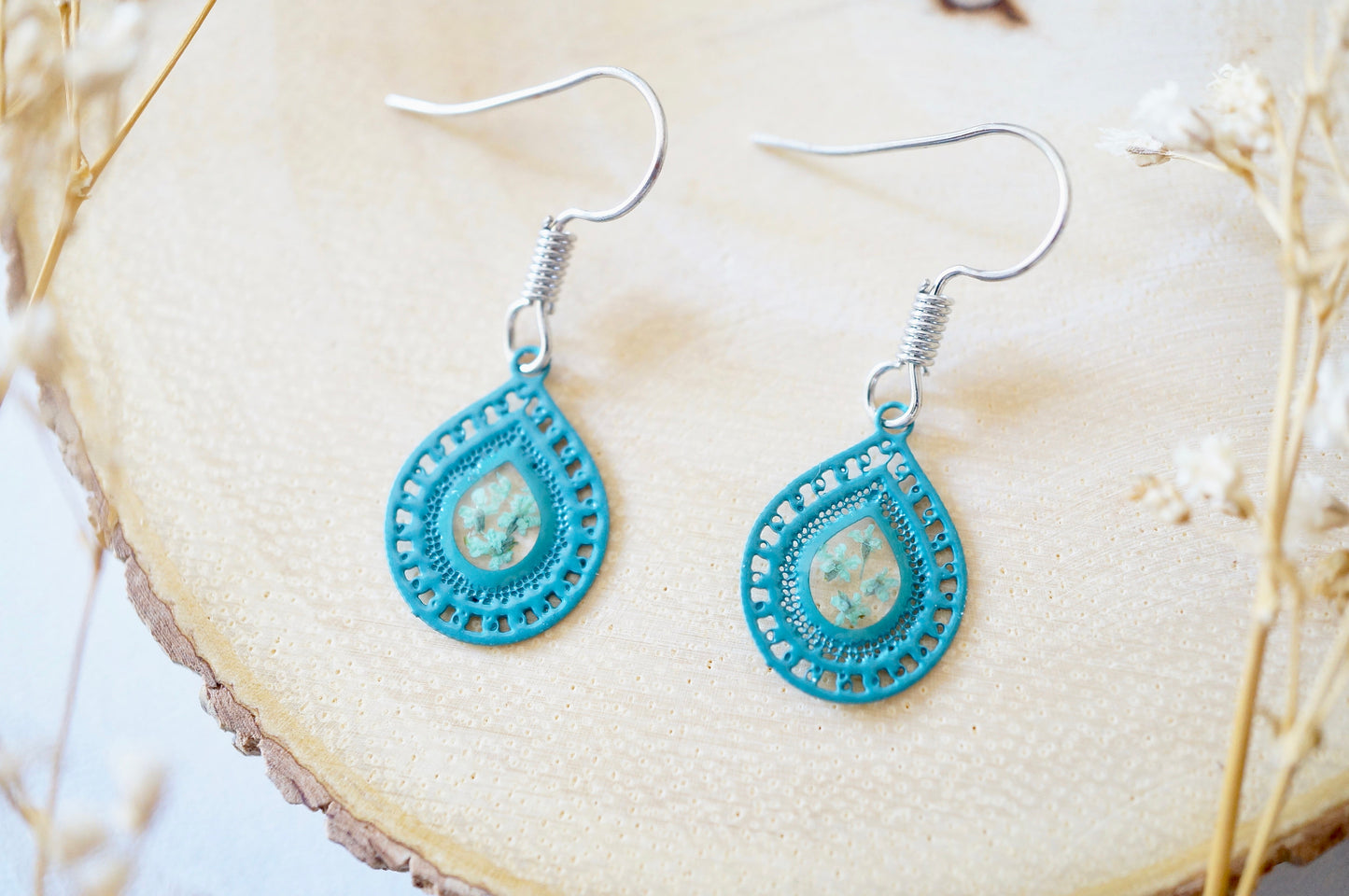 Real Pressed Flowers and Resin, Teal Metal Drop Earrings