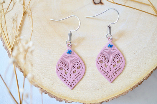 Real Pressed Flowers and Resin, Pink Metal Drop Earrings