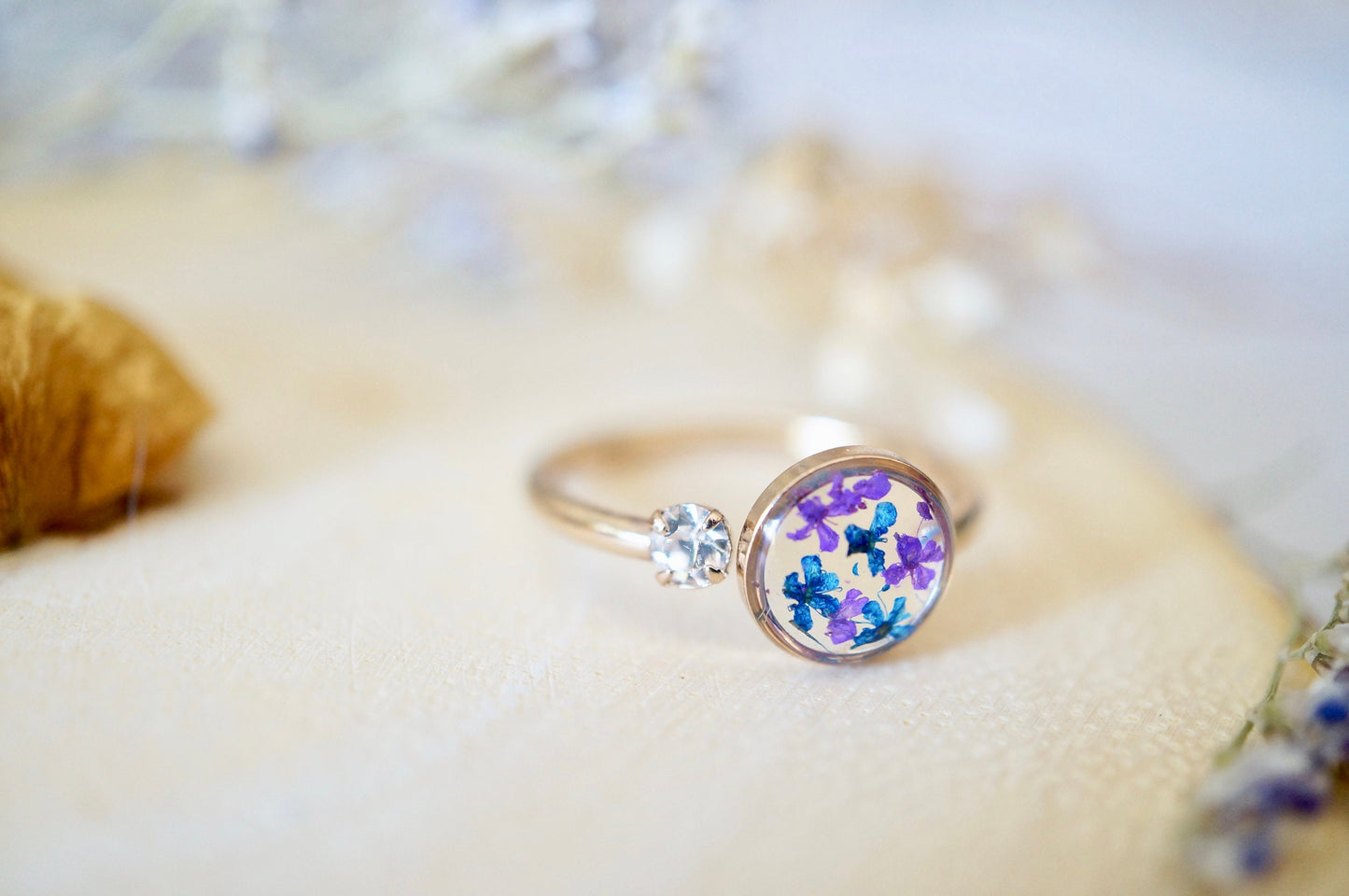 Real Pressed Flower and Resin Ring, Gold Circle in Blue and Purple