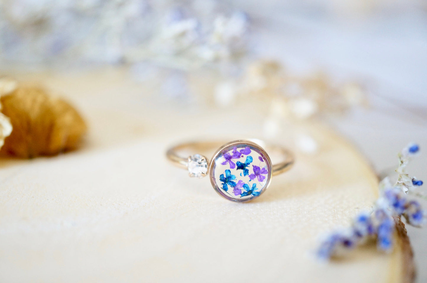 Real Pressed Flower and Resin Ring, Gold Circle in Blue and Purple