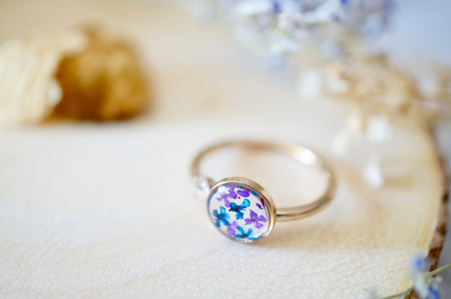 Real Pressed Flower and Resin Ring, Gold Circle in Blue and Purple