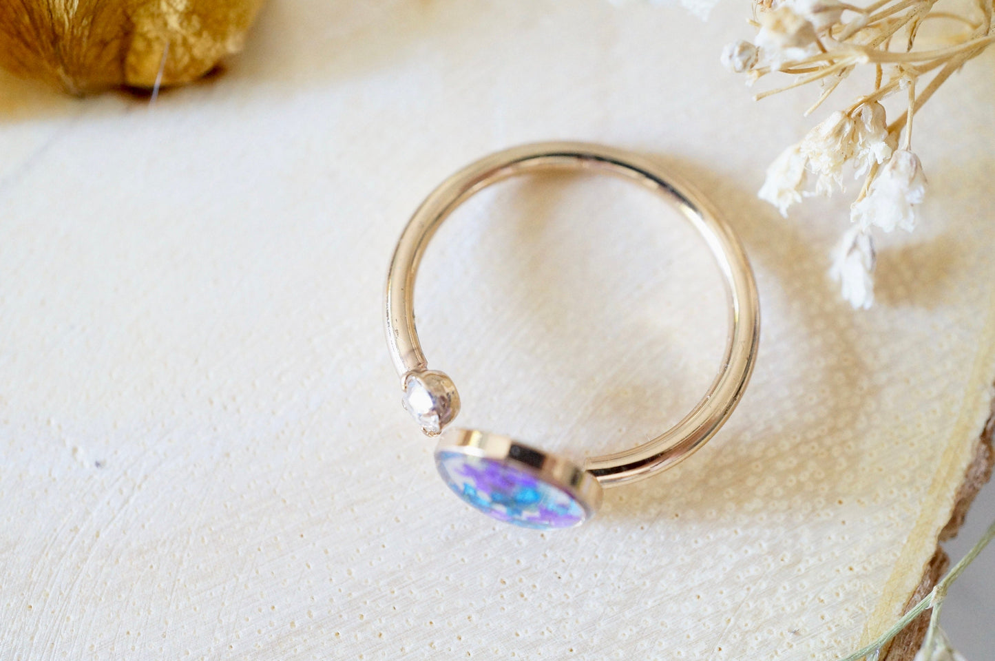 Real Pressed Flower and Resin Ring, Gold Circle in Blue and Purple