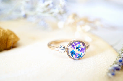 Real Pressed Flower and Resin Ring, Gold Circle in Blue and Purple