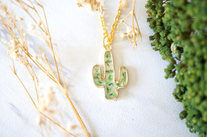 Real Pressed Flowers in Resin, Gold Cactus Necklace in Green