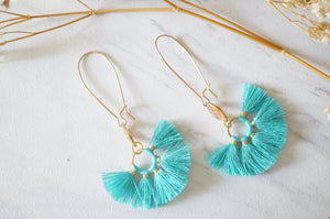 Real Pressed Flowers and Resin Dangle Earrings, Gold and Teal Tassels with Peach Flowers