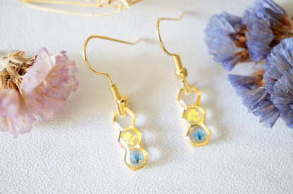 Real Pressed Flowers and Resin, Gold Earrings in Hexagon Drop