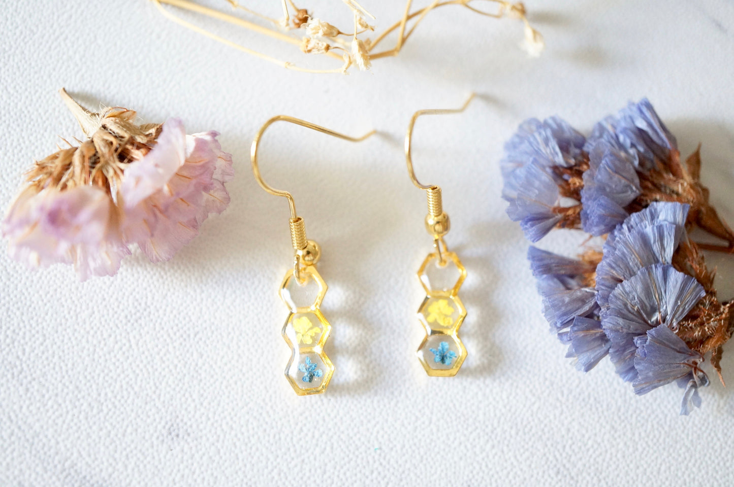 Real Pressed Flowers and Resin, Gold Earrings in Hexagon Drop