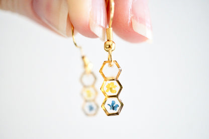 Real Pressed Flowers and Resin, Gold Earrings in Hexagon Drop