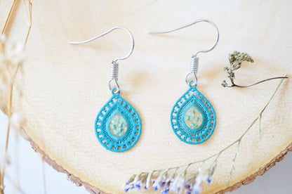 Real Pressed Flowers and Resin, Teal Metal Drop Earrings