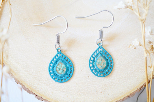 Real Pressed Flowers and Resin, Teal Metal Drop Earrings