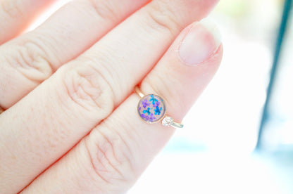 Real Pressed Flower and Resin Ring, Gold Circle in Blue and Purple