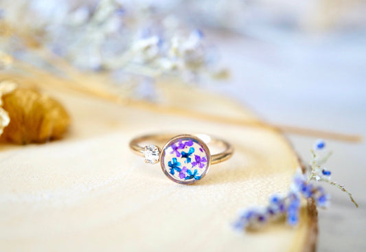 Real Pressed Flower and Resin Ring, Gold Circle in Blue and Purple