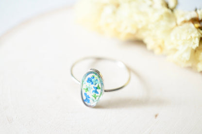 Real Pressed Flower and Resin Ring, Oval Silver Band in Blue Teal Green