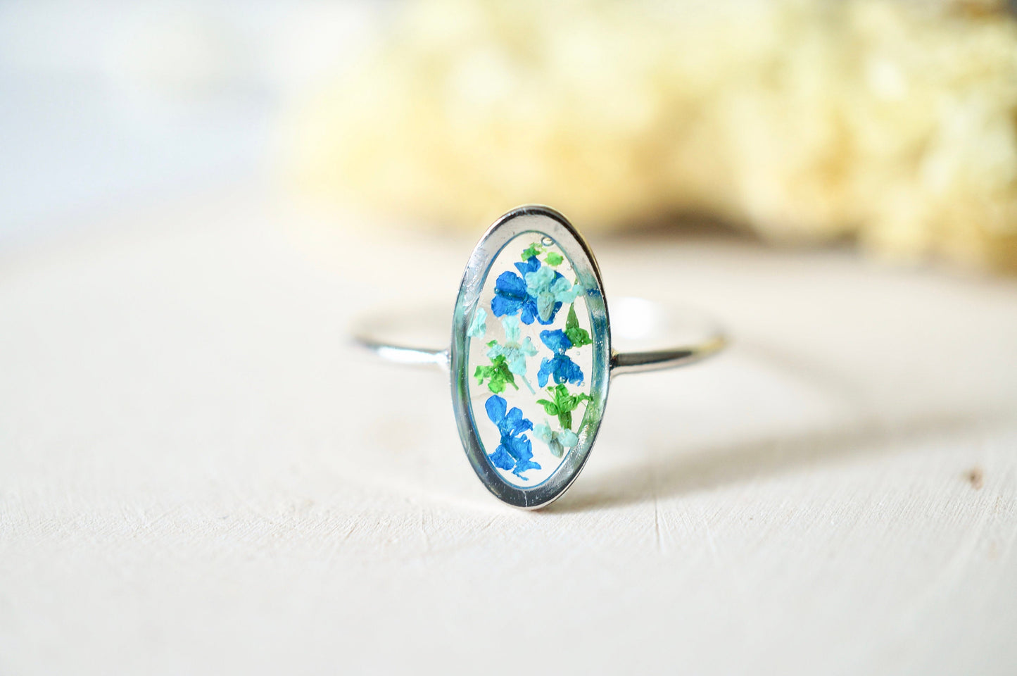 Real Pressed Flower and Resin Ring, Oval Silver Band in Blue Teal Green