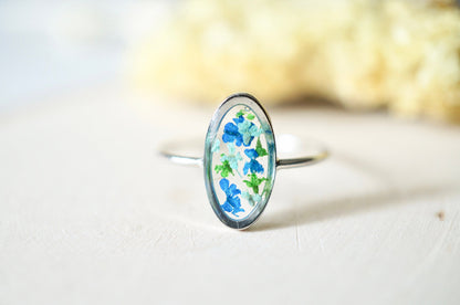 Real Pressed Flower and Resin Ring, Oval Silver Band in Blue Teal Green