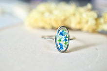 Real Pressed Flower and Resin Ring, Oval Silver Band in Blue Teal Green