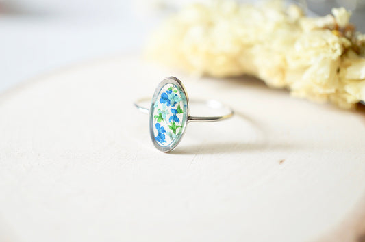 Real Pressed Flower and Resin Ring, Oval Silver Band in Blue Teal Green