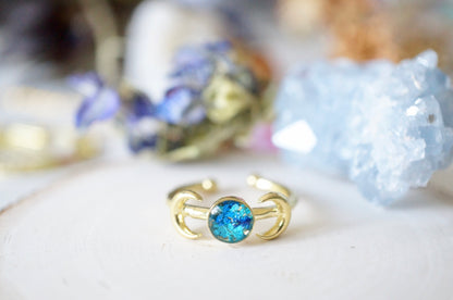 Real Pressed Flower and Resin Ring, Gold Moons in Blue and Teal