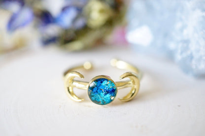 Real Pressed Flower and Resin Ring, Gold Moons in Blue and Teal