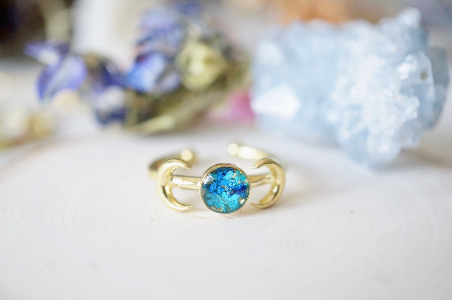 Real Pressed Flower and Resin Ring, Gold Moons in Blue and Teal