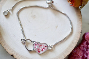 Real Pressed Flowers and Resin Adjustable Bracelet, Silver Hearts in Burgundy and White