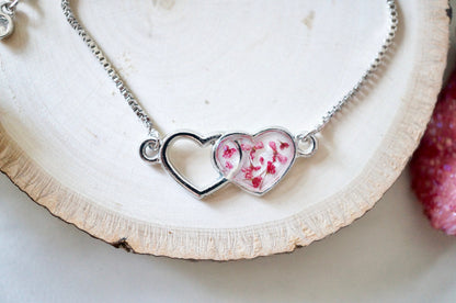 Real Pressed Flowers and Resin Adjustable Bracelet, Silver Hearts in Burgundy and White