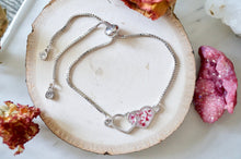 Real Pressed Flowers and Resin Adjustable Bracelet, Silver Hearts in Burgundy and White