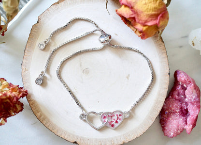 Real Pressed Flowers and Resin Adjustable Bracelet, Silver Hearts in Burgundy and White