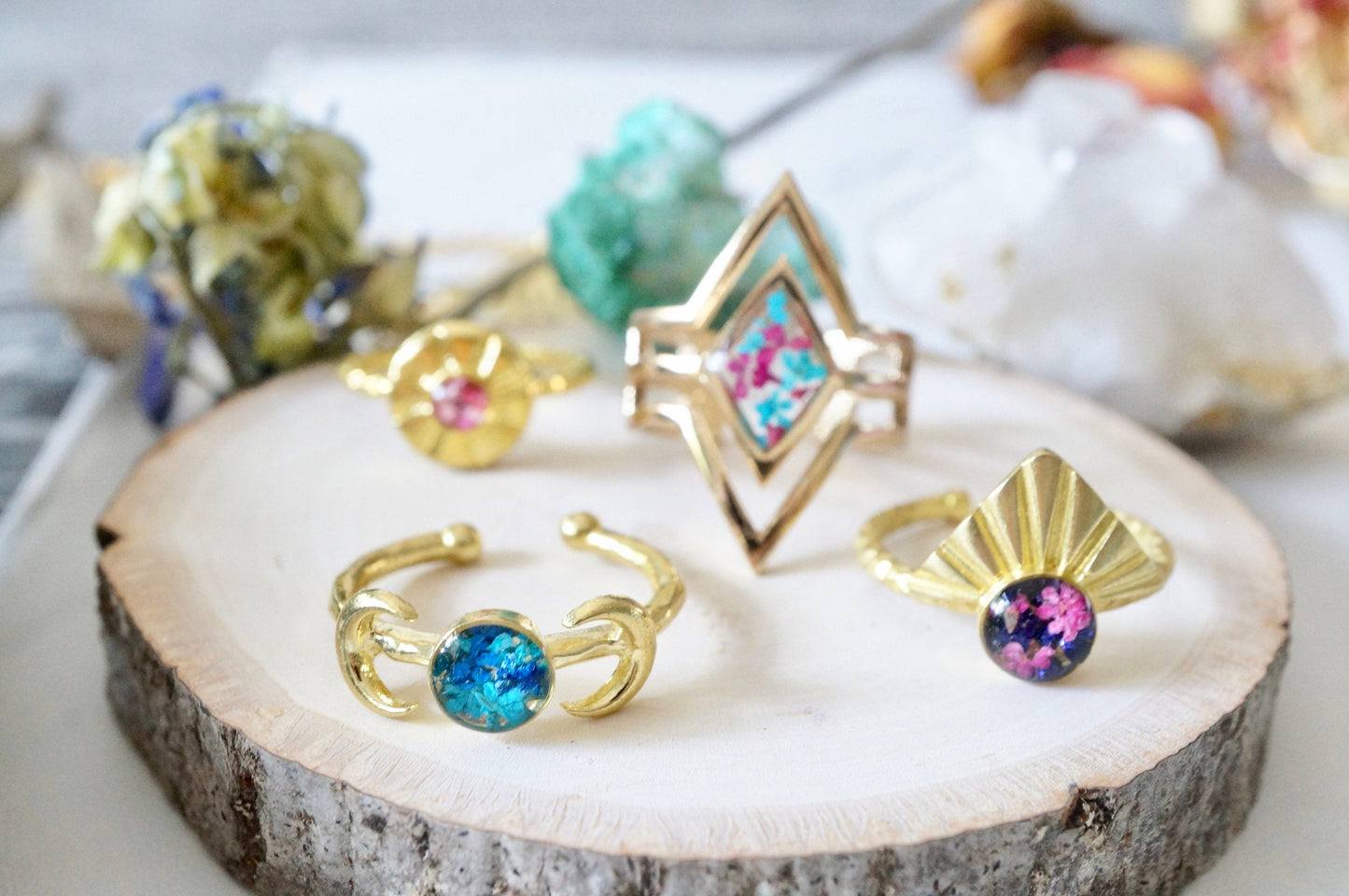 Real Pressed Flower and Resin Ring, Gold Half Sun in Pink Flowers and Purple Glass Glitter