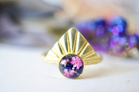 Real Pressed Flower and Resin Ring, Gold Half Sun in Pink Flowers and Purple Glass Glitter