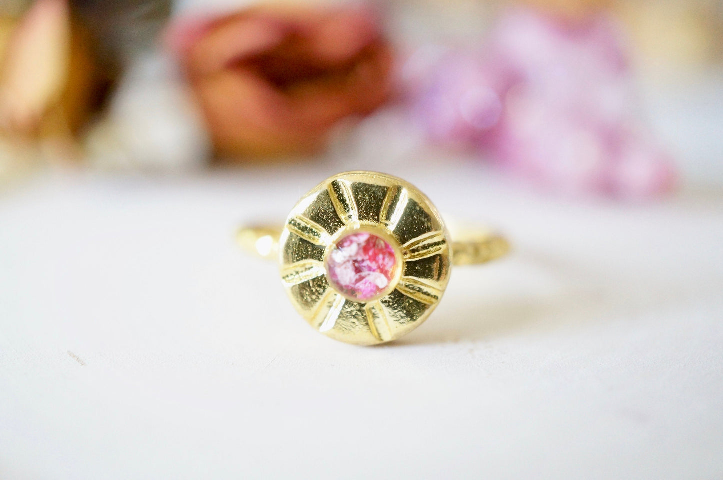 Real Pressed Flower and Resin Ring, Small Gold Sun in Pinks