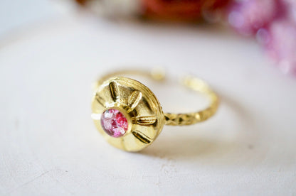 Real Pressed Flower and Resin Ring, Small Gold Sun in Pinks