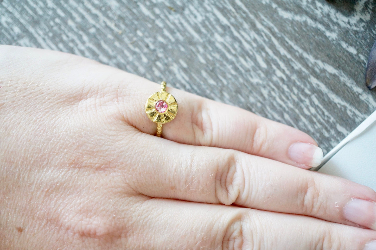 Real Pressed Flower and Resin Ring, Small Gold Sun in Pinks