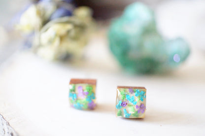 Real Pressed Flowers and Resin on Wood Stud Earrings in Green Teal Purple