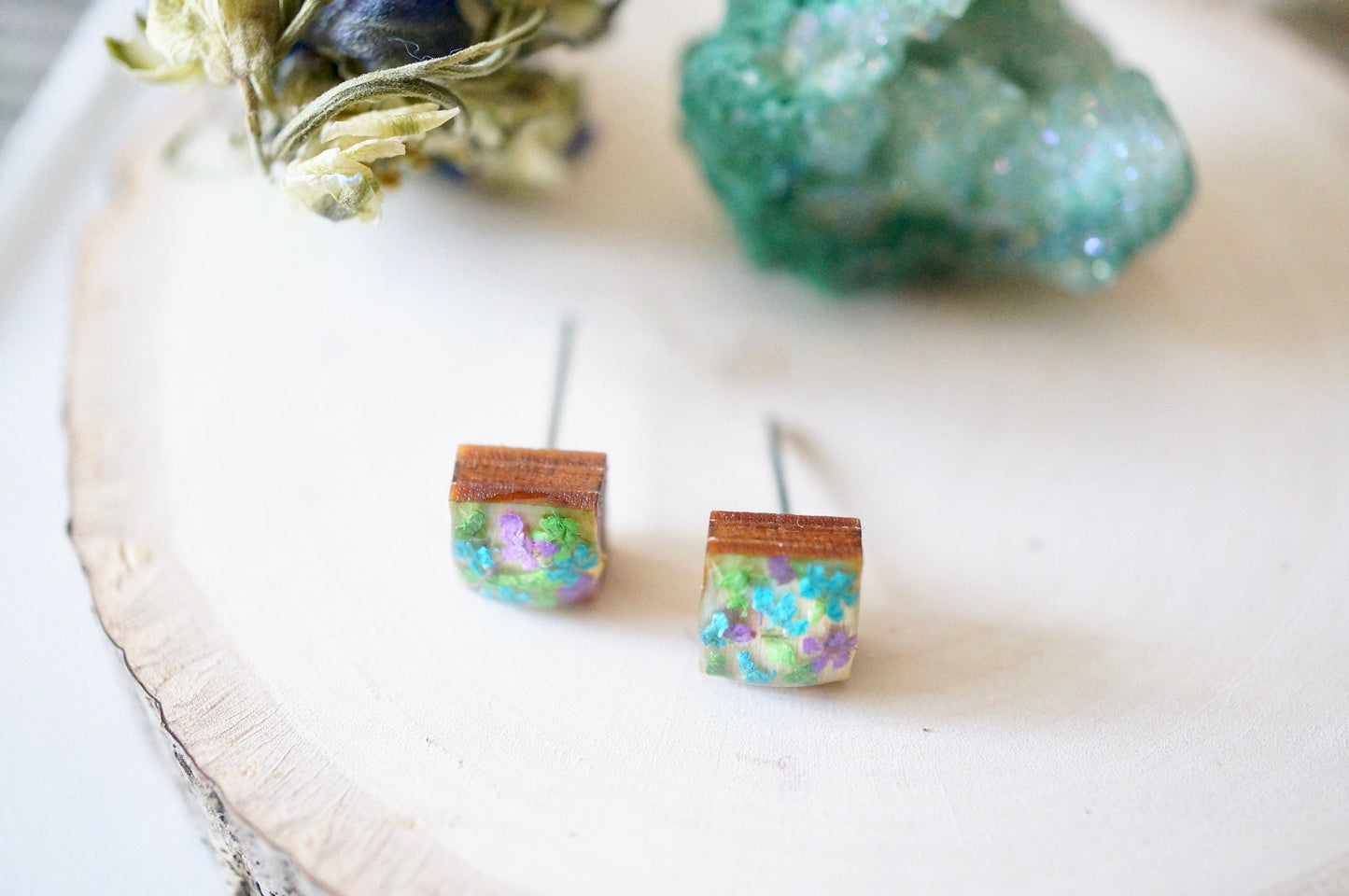 Real Pressed Flowers and Resin on Wood Stud Earrings in Green Teal Purple