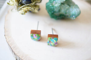 Real Pressed Flowers and Resin on Wood Stud Earrings in Green Teal Purple