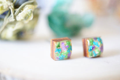 Real Pressed Flowers and Resin on Wood Stud Earrings in Green Teal Purple