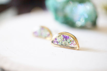 Real Pressed Flowers and Resin, Gold Half Moon Stud Earrings in Mint and Purple