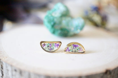 Real Pressed Flowers and Resin, Gold Half Moon Stud Earrings in Mint and Purple