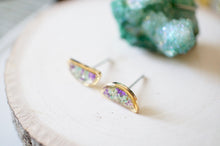 Real Pressed Flowers and Resin, Gold Half Moon Stud Earrings in Mint and Purple