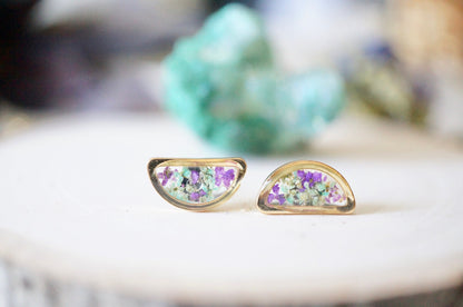 Real Pressed Flowers and Resin, Gold Half Moon Stud Earrings in Mint and Purple