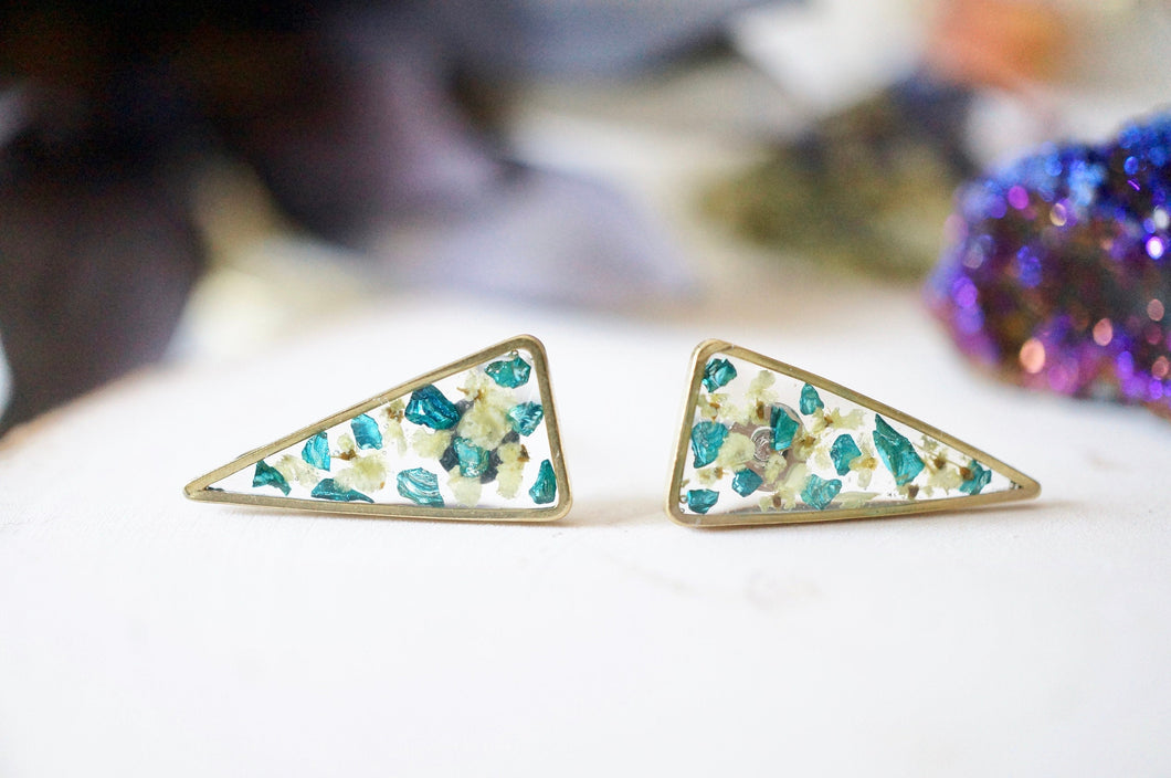 Real Pressed Flowers and Resin, Gold Triangle Stud Earrings in Light Yellow and Teal Glass Glitter