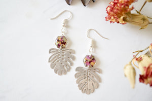 Real Pressed Flowers and Resin Drop Earrings, Silver Palm Leaf and Hexagons in Floral Mix