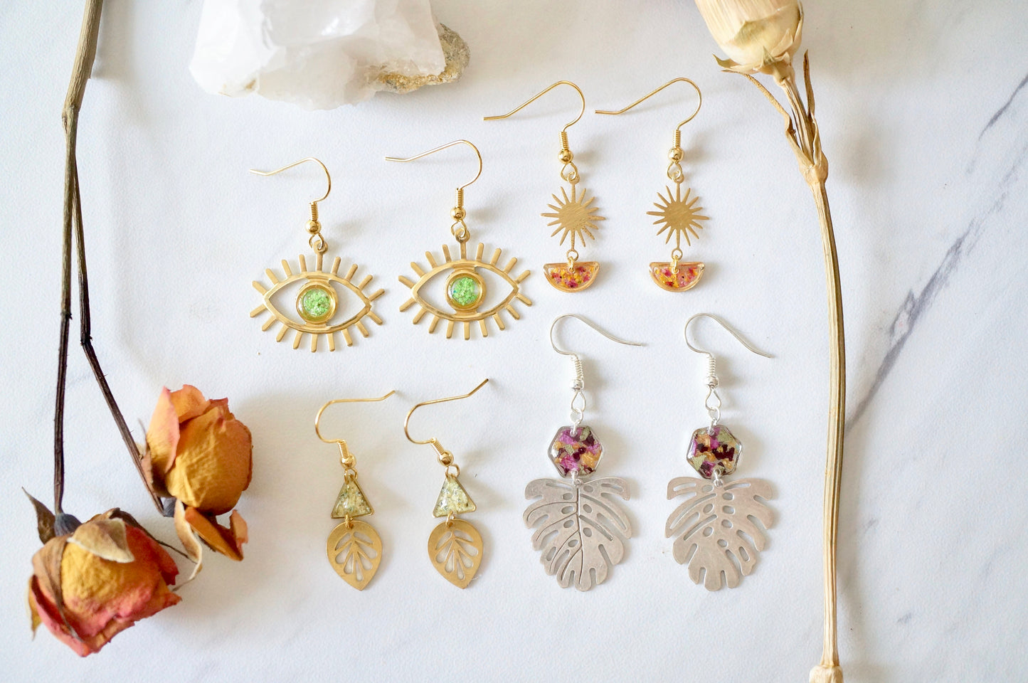 Real Pressed Flowers Earrings, Gold Rainbow Drops in Mint and White