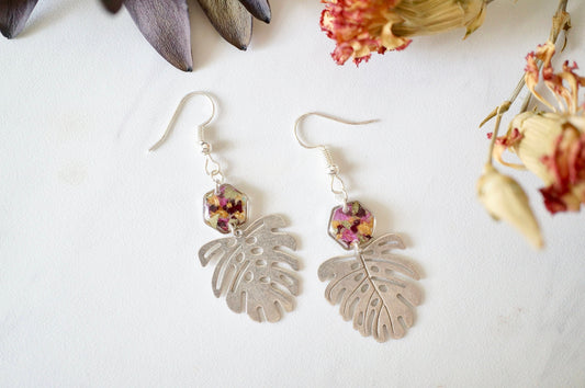 Real Pressed Flowers and Resin Drop Earrings, Silver Palm Leaf and Hexagons in Floral Mix