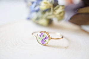 Real Pressed Flower and Resin Ring, Circle Gold Band in Green and Purple