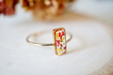 Real Pressed Flower and Resin Ring, Rectangle Gold Band in Yellow and Red