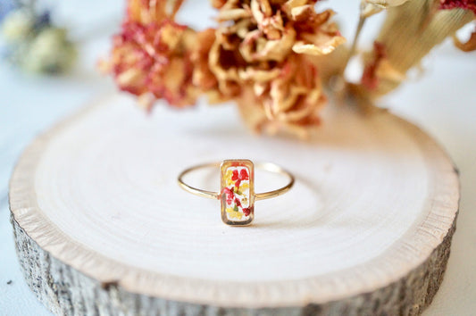 Real Pressed Flower and Resin Ring, Rectangle Gold Band in Yellow and Red