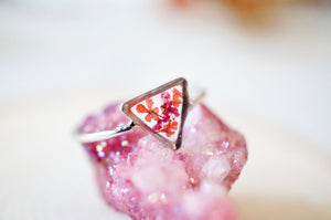 Real Pressed Flower and Resin Ring, Triangle Silver Band in Burgundy and Red